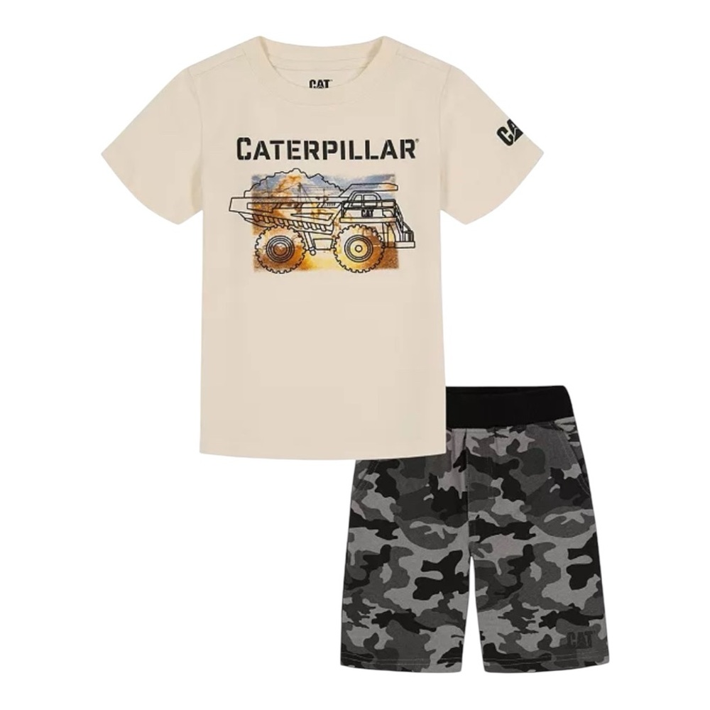 New Caterpillar Boys Short Sleeve T-shirt and Terry Camo Shorts, Cream Set 4